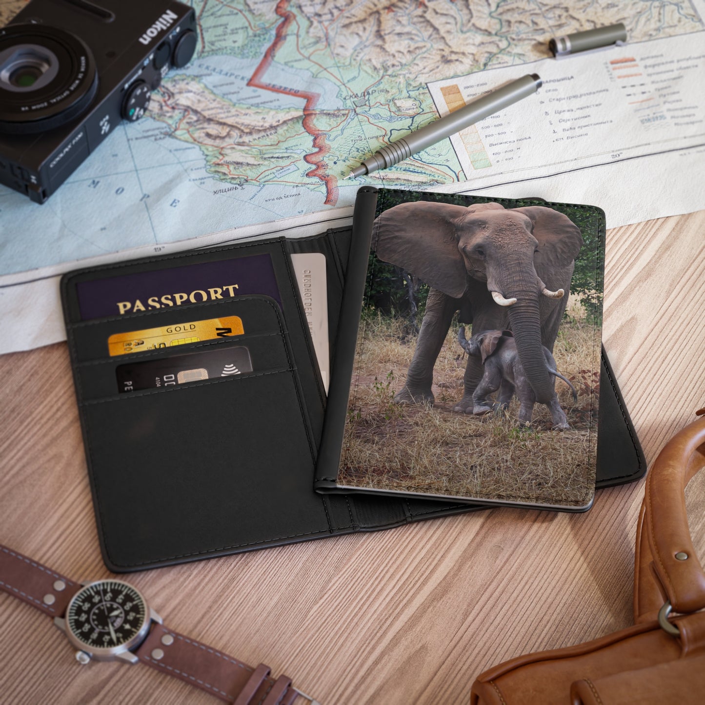 Passport Cover - Elephant and Baby 3.9" x 5.8" Black