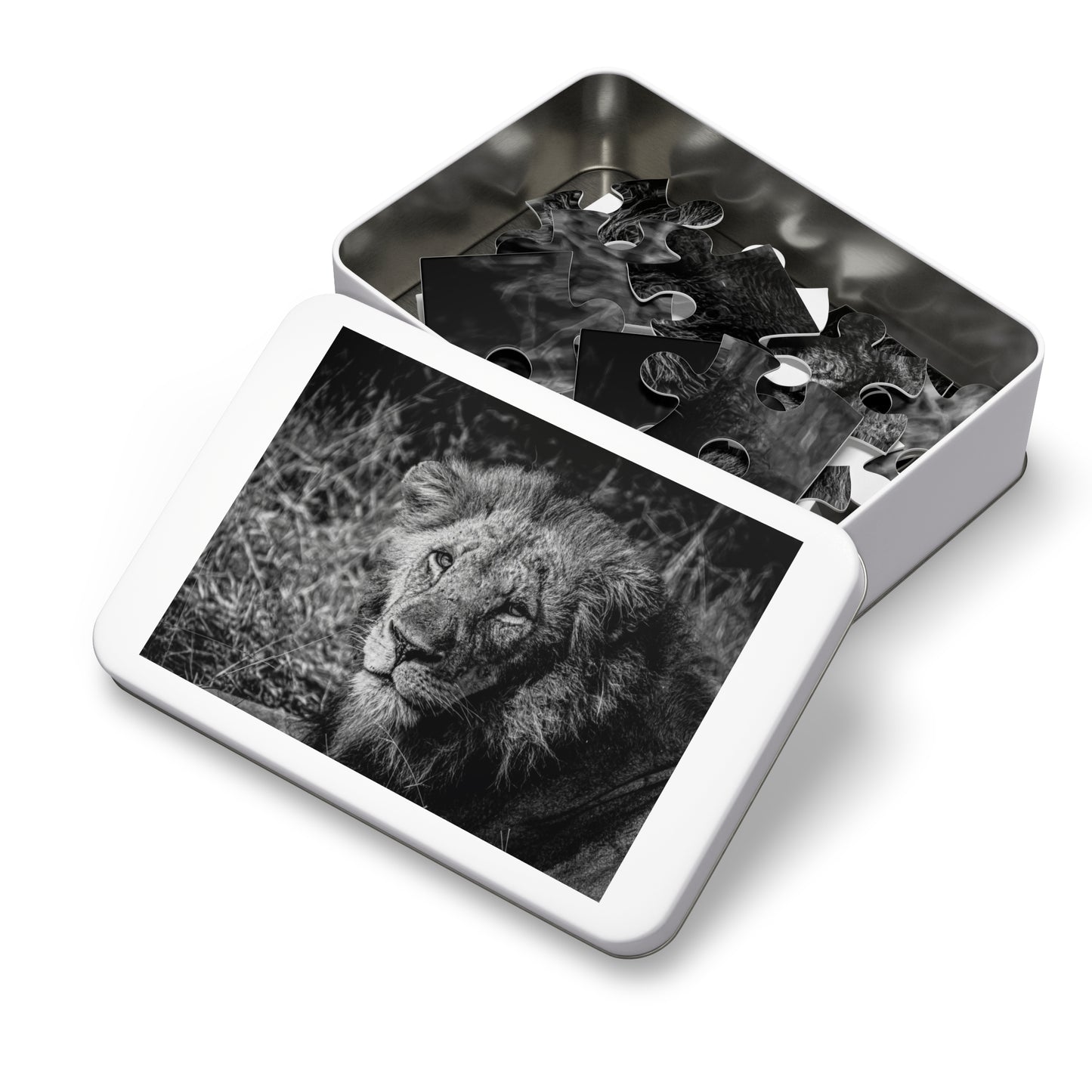 Majestic Old Lion Jigsaw Puzzle with Tin B&W