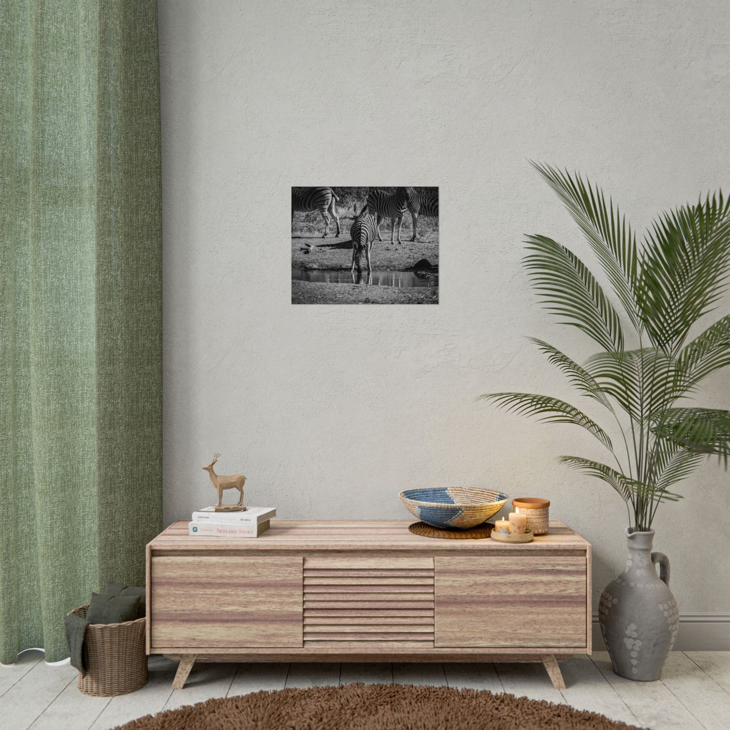 Rolled Posters - Zebra at Waterhole B&W 20″ x 16″ (Horizontal) Fine Art