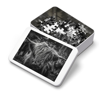 Scottish Highland Cattle Puzzle with Tin B&W