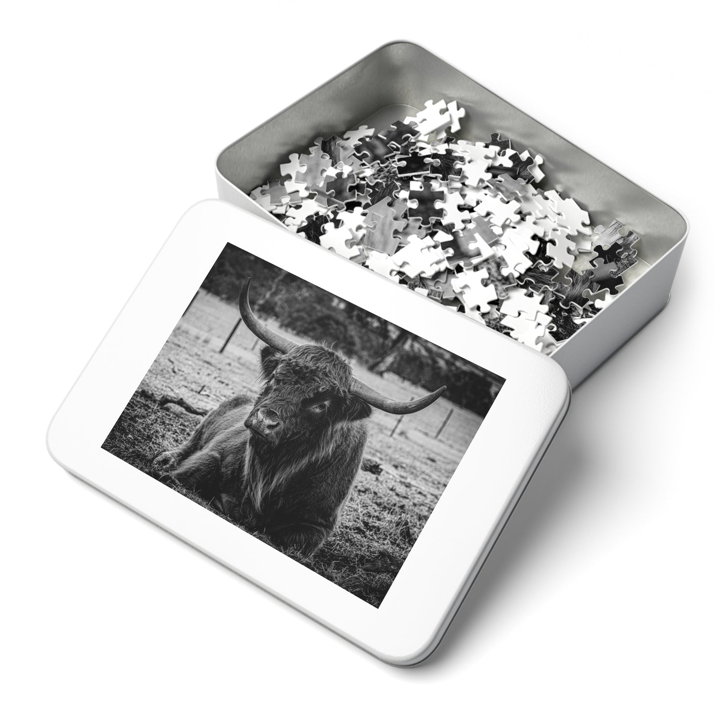 Scottish Highland Cattle Puzzle with Tin B&W