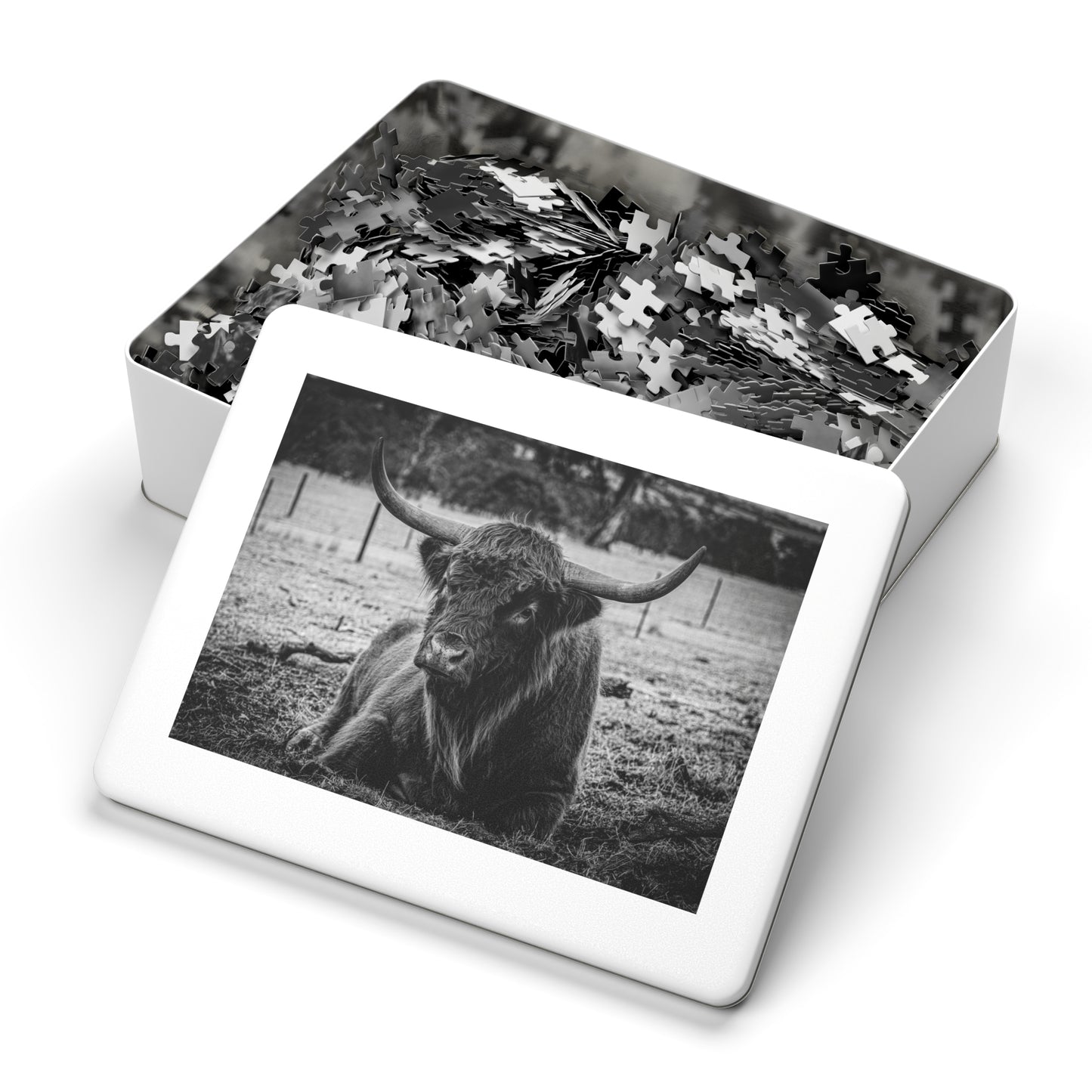 Scottish Highland Cattle Puzzle with Tin B&W