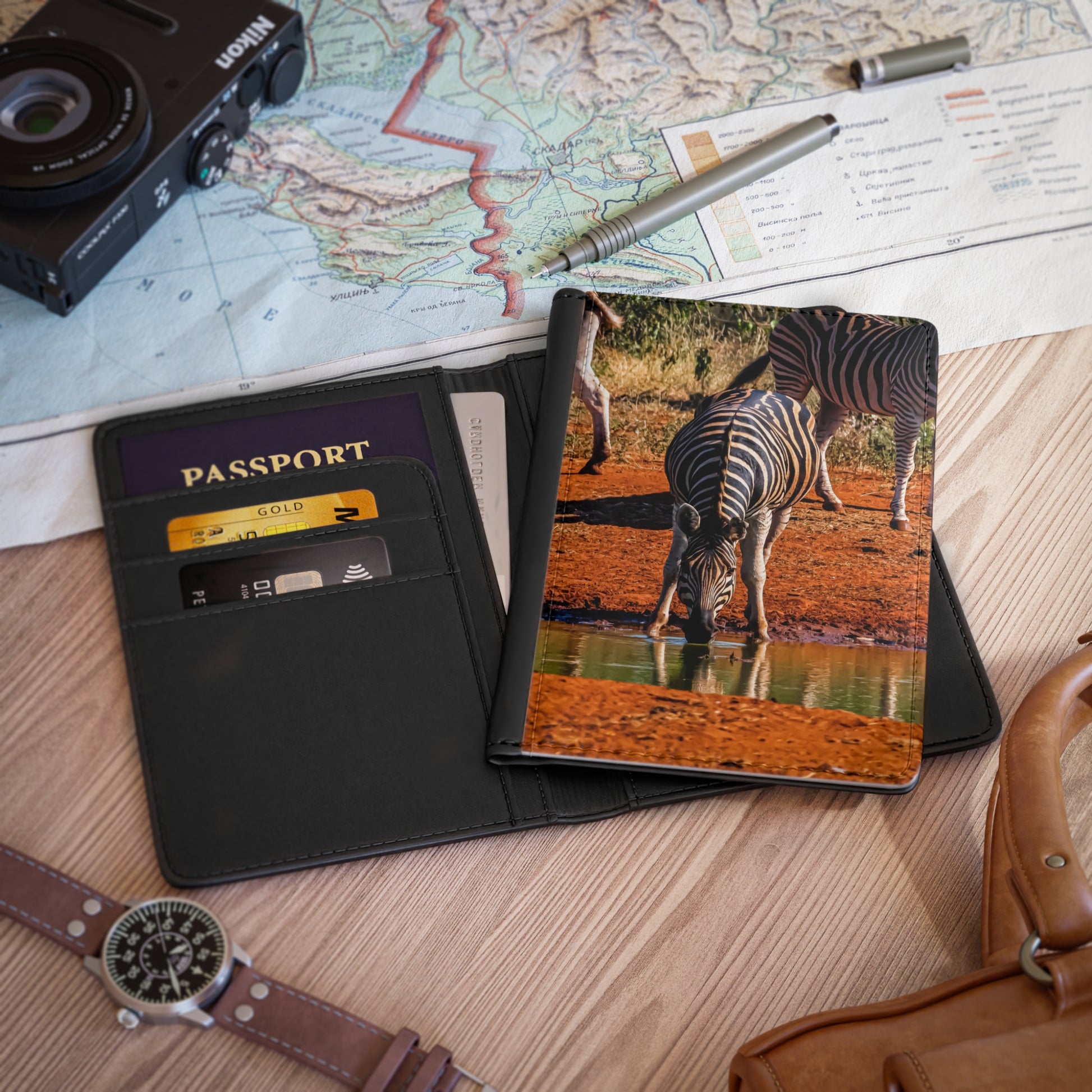 Passport Cover - Zebra at Waterhole 3.9" x 5.8" Black