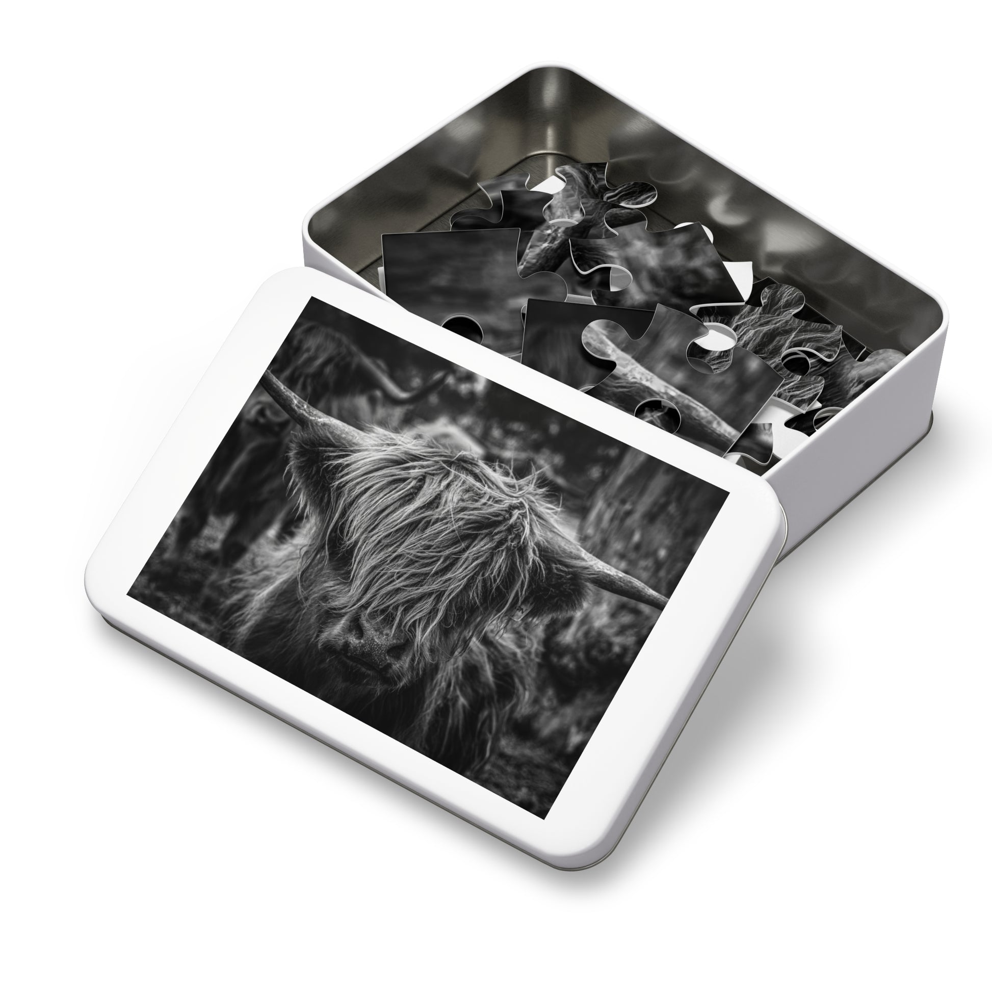 Scottish Highland Cattle Puzzle with Tin B&W