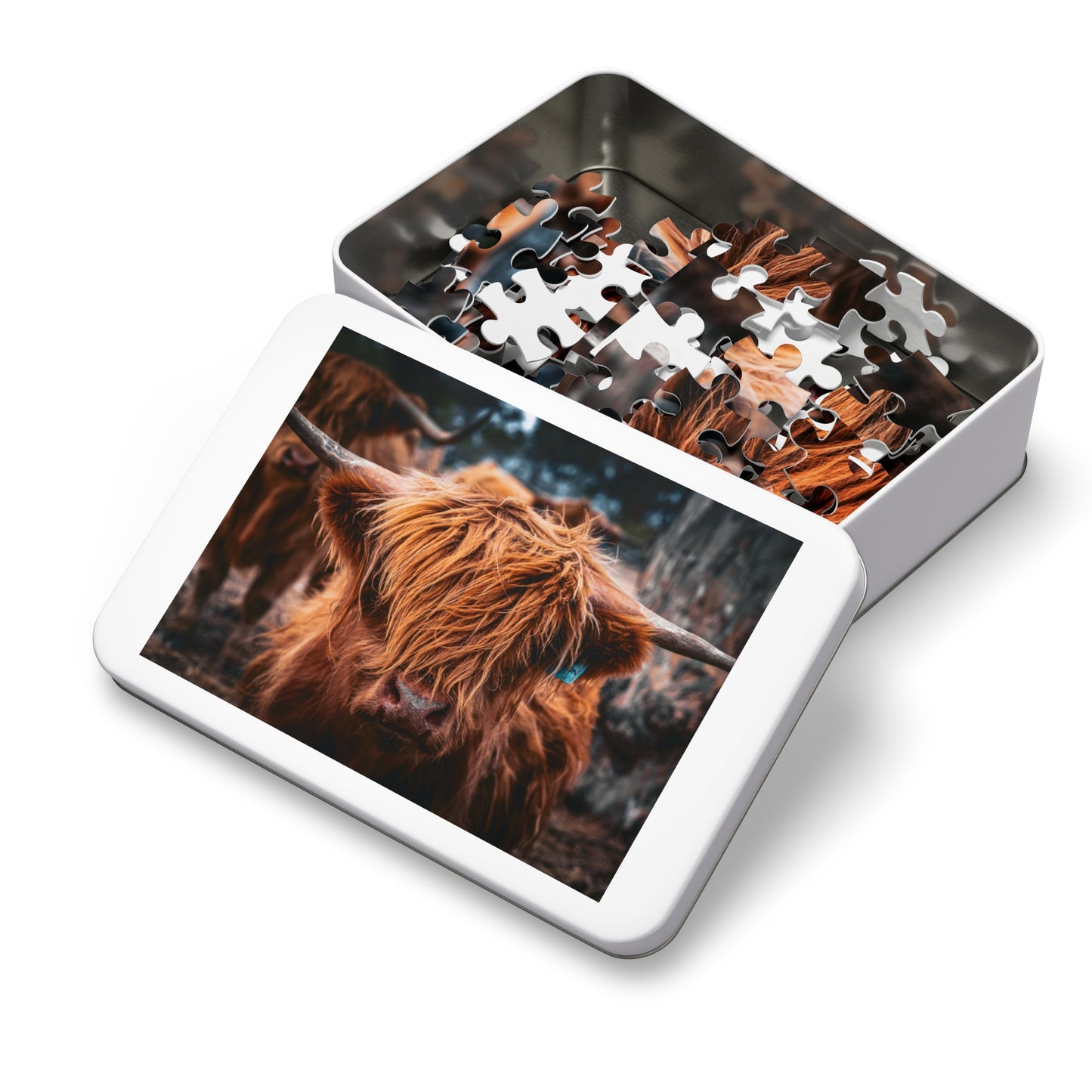 Scottish Highland Cattle Puzzle with Tin