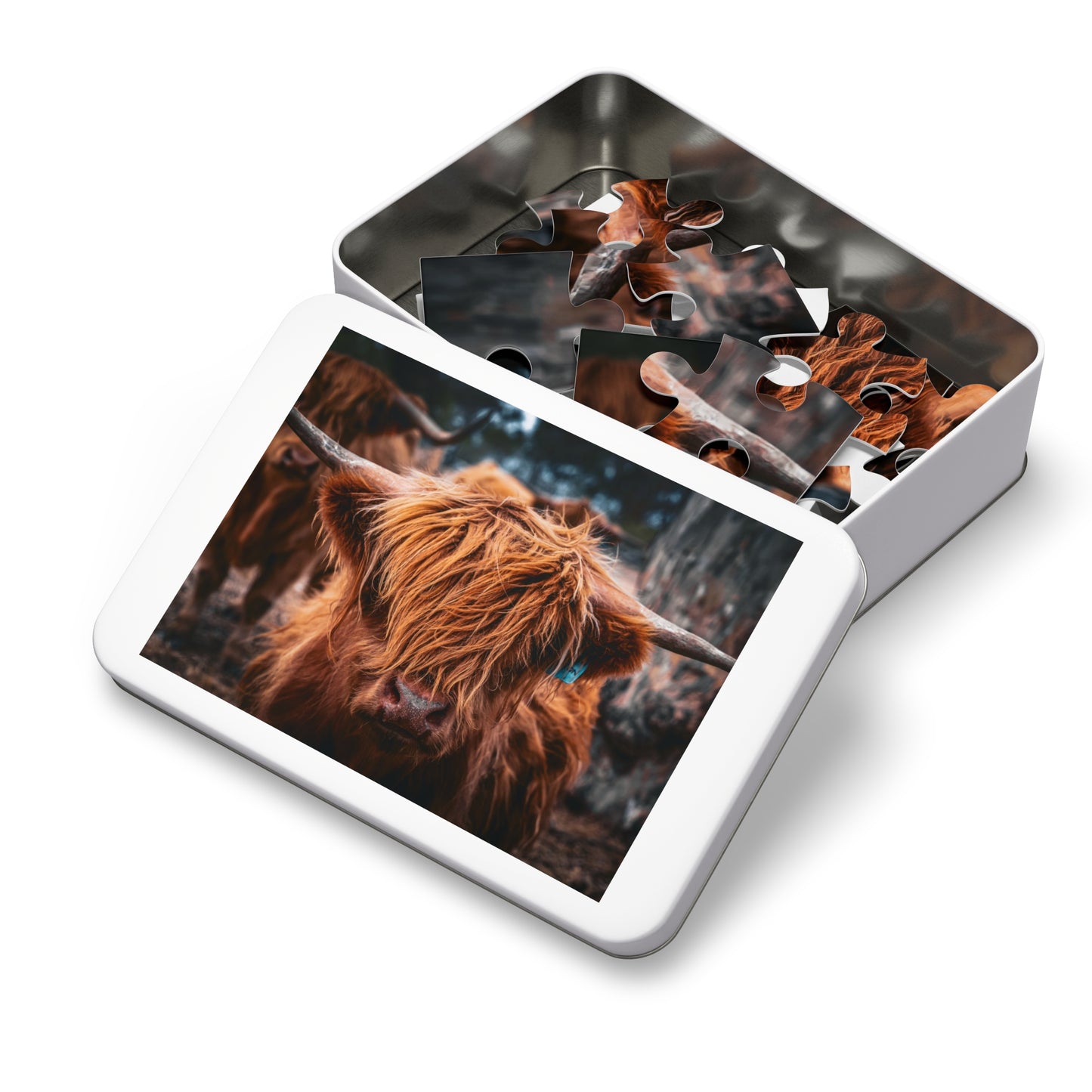 Scottish Highland Cattle Puzzle with Tin