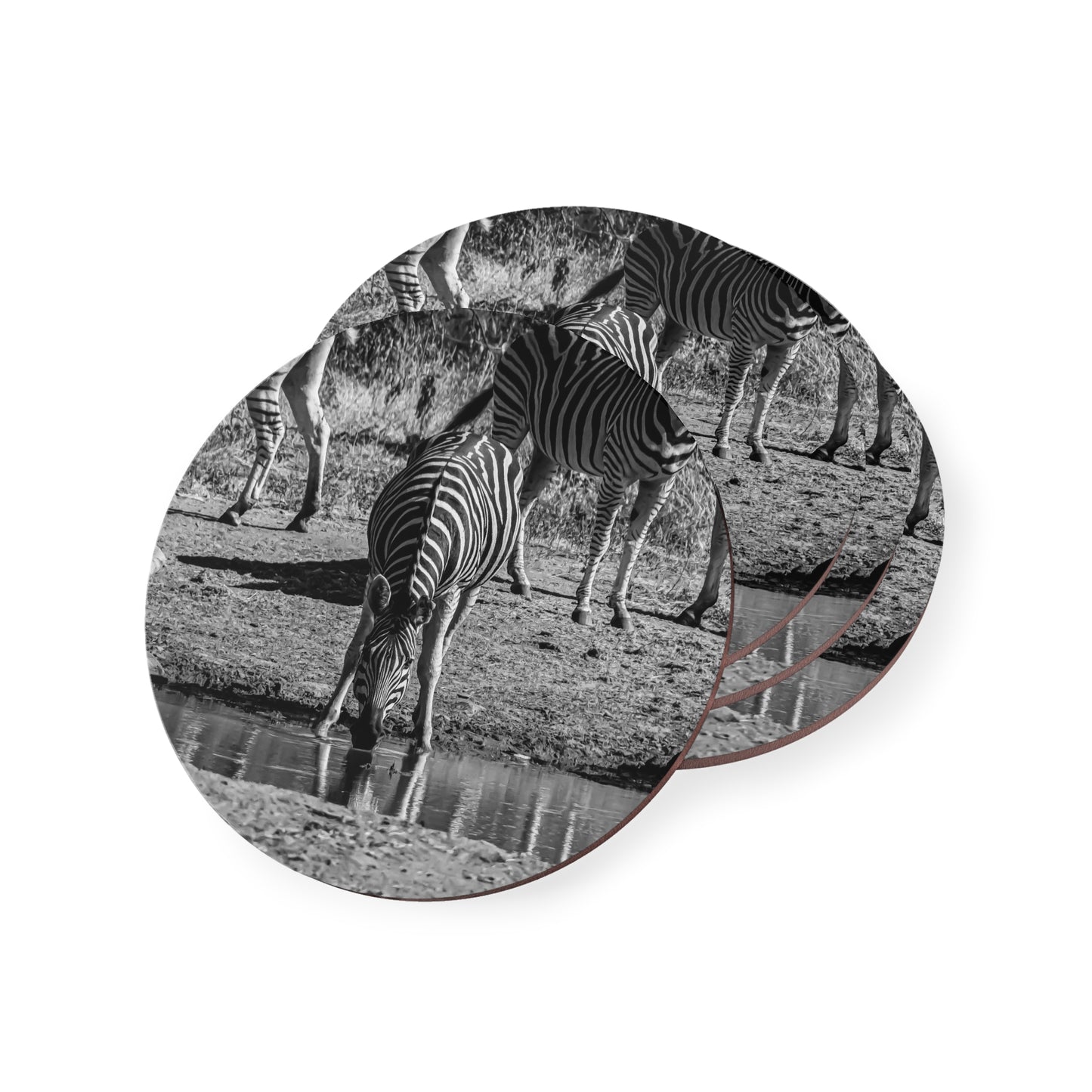 Drinking Zebra Coasters B&W Round 3.7" x 3.7" 4pcs