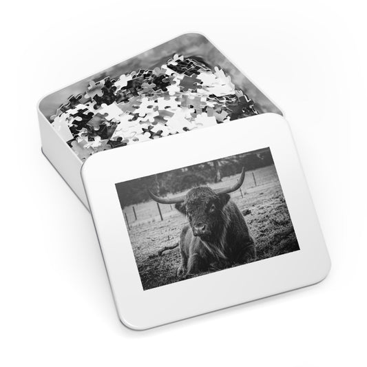 Scottish Highland Cattle Puzzle with Tin B&W 30" × 20" (1000 pcs)