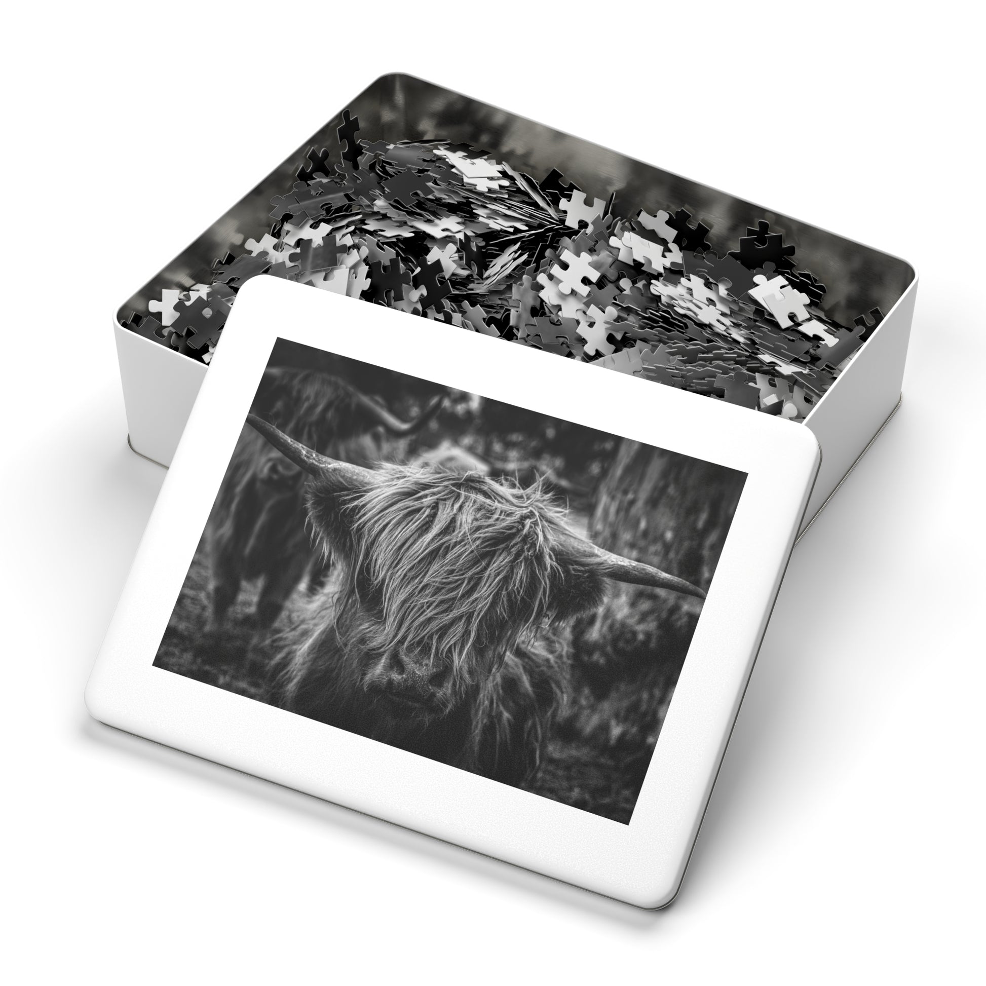 Scottish Highland Cattle Puzzle with Tin B&W