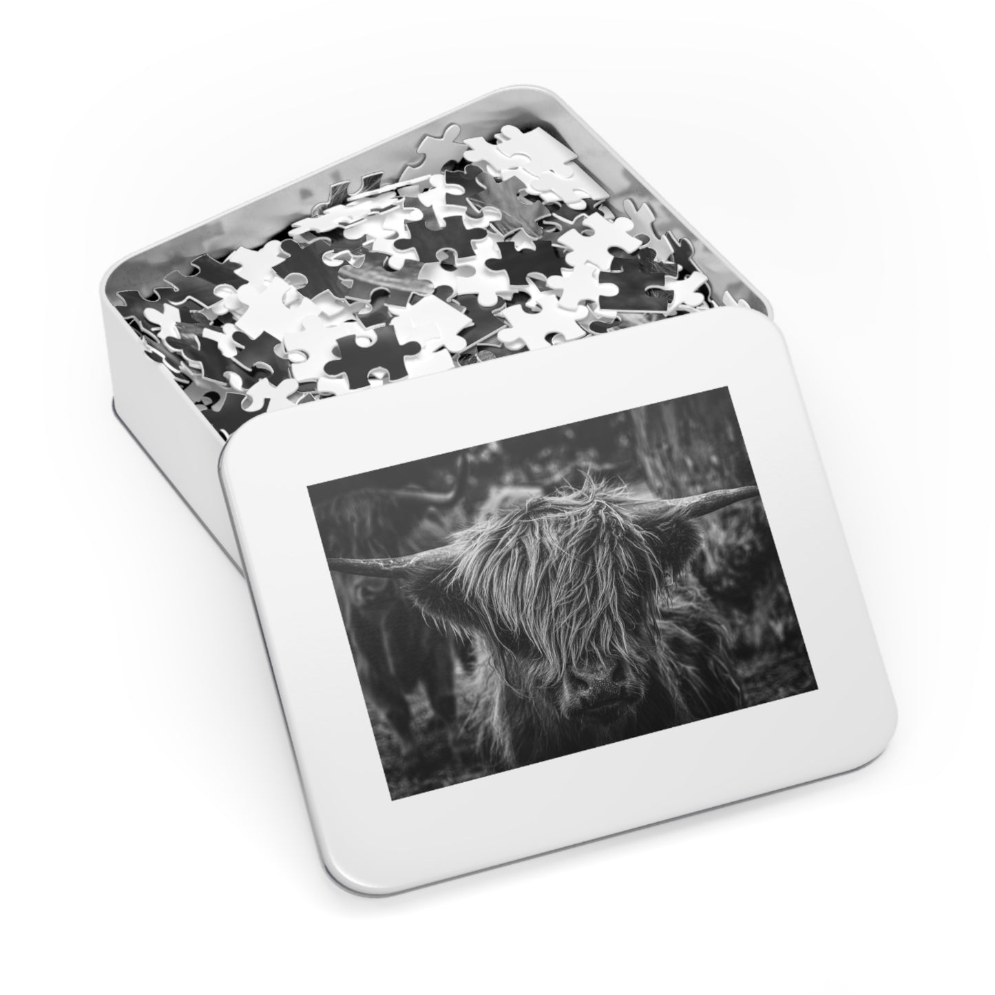 Scottish Highland Cattle Puzzle with Tin B&W