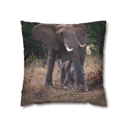 Poly Canvas Pillowcase - Elephant and Calf 18" × 18"