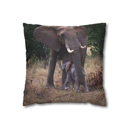 Poly Canvas Pillowcase - Elephant and Calf 16" × 16"