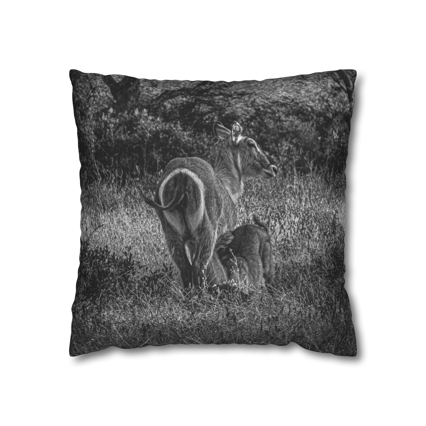 Waterbuck Baby Animal Pillowcase B&W 18" × 18"