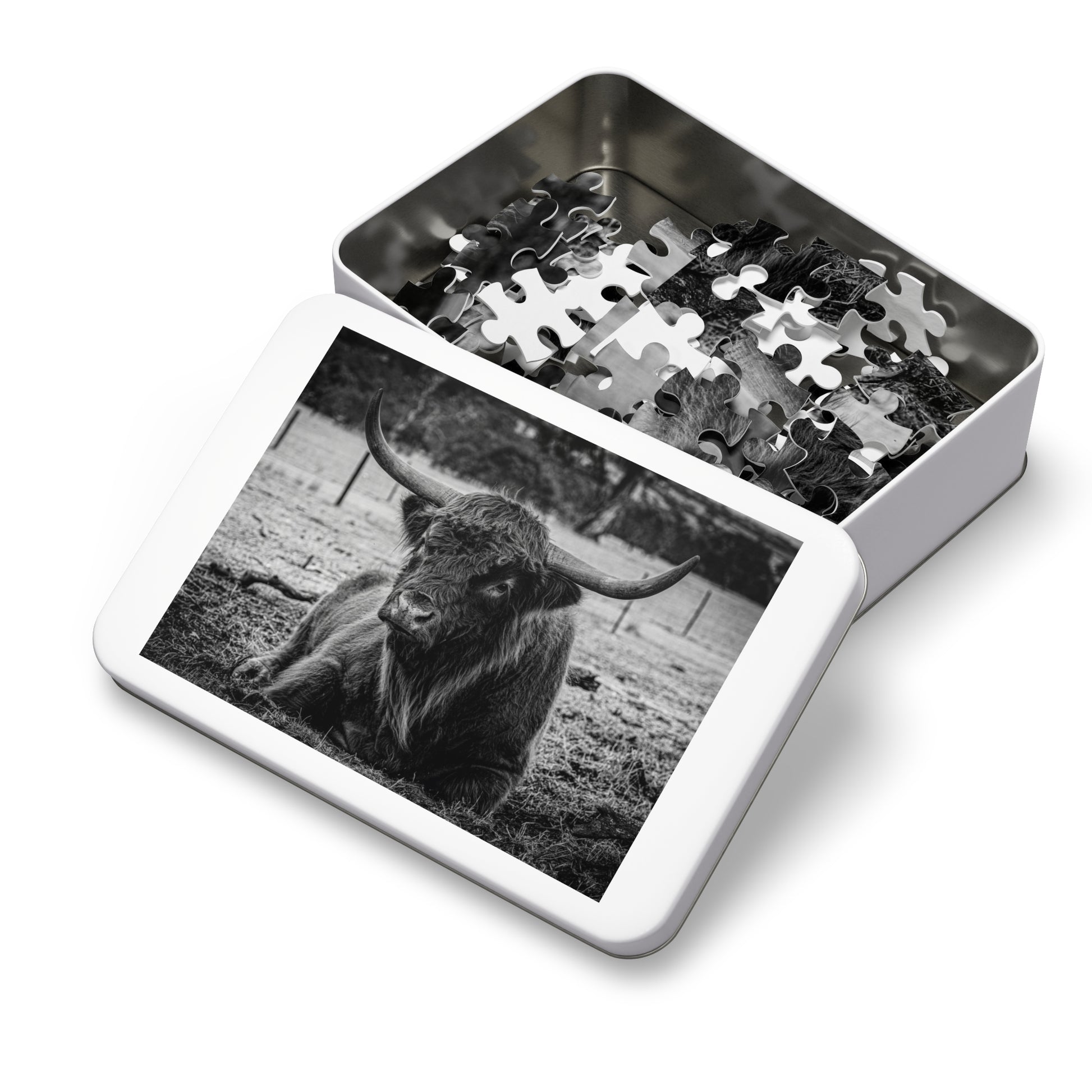 Scottish Highland Cattle Puzzle with Tin B&W